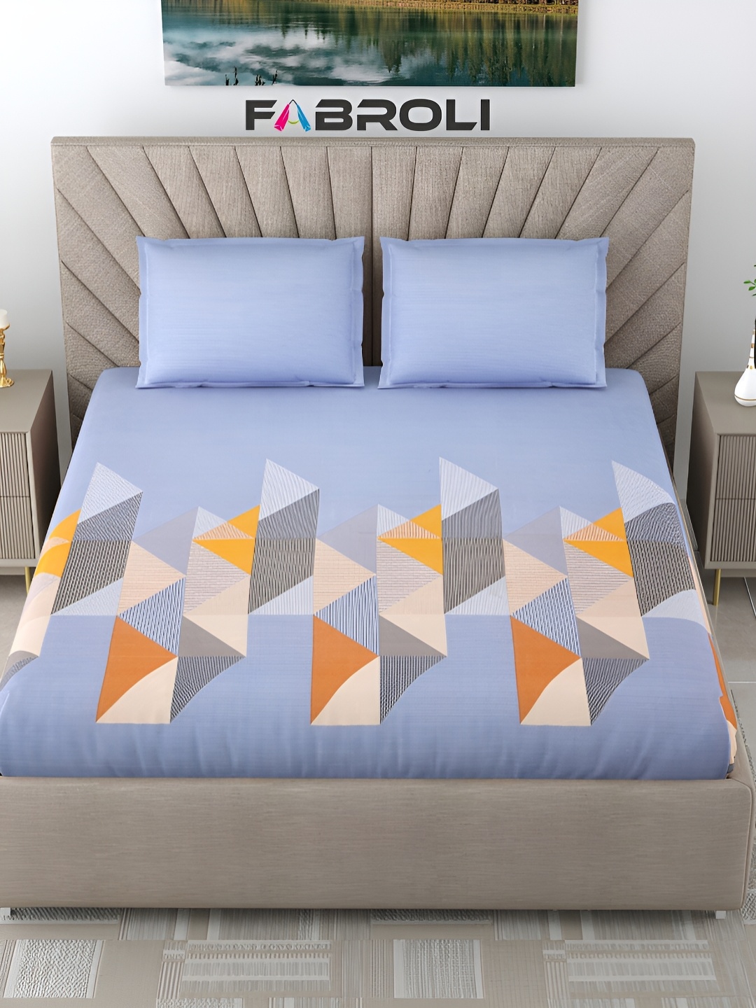 

FABROLI Blue Geometric 300 TC King Bedsheet with 2 Pillow Covers 130 GSM