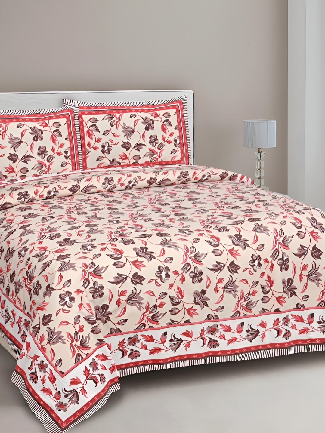 

FABROLI Beige & Red Floral Cotton 300 TC King Bedsheet With 2 Pillow Covers