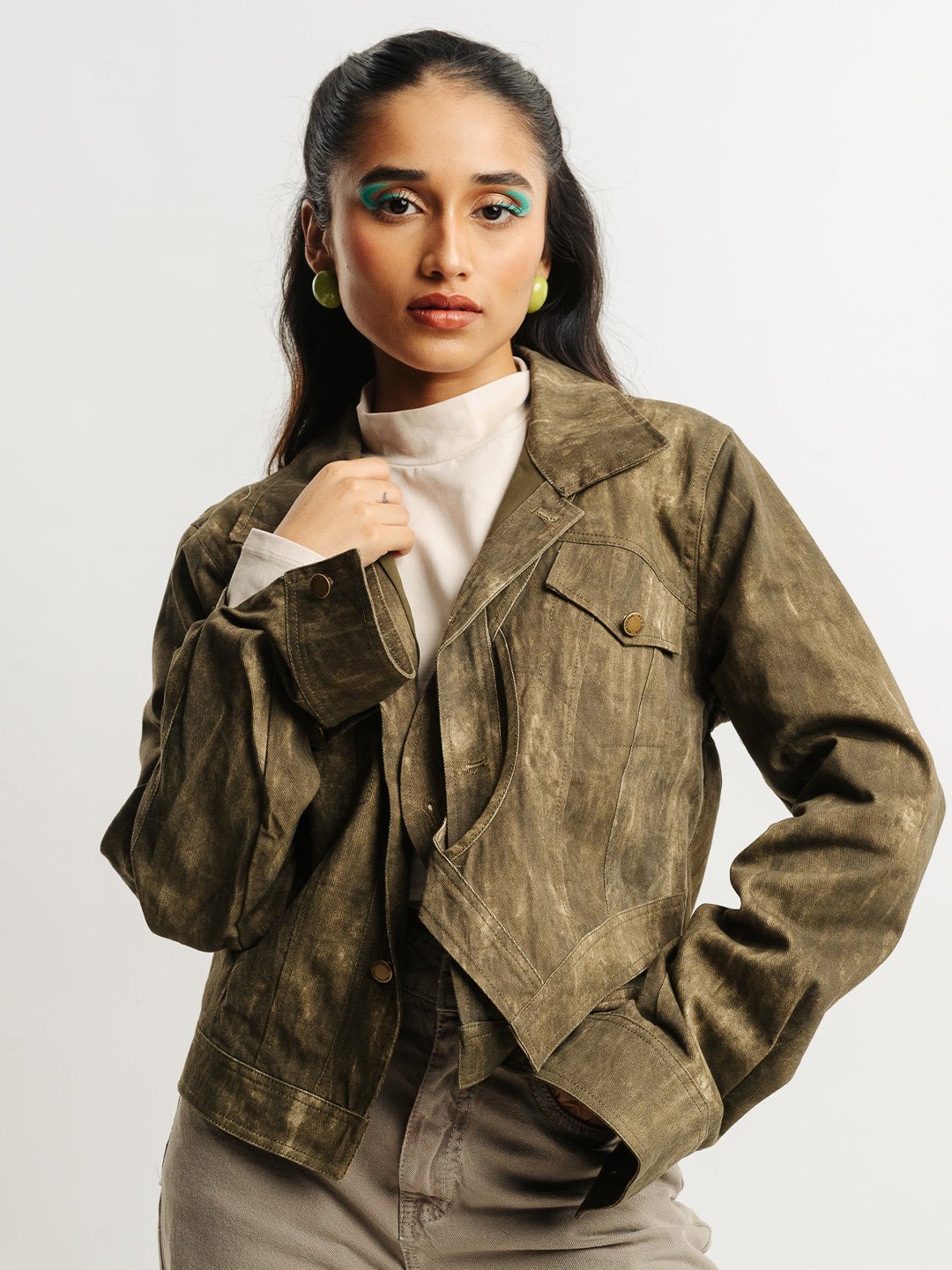 

FREAKINS Spread Collar Cotton Denim Jacket, Green