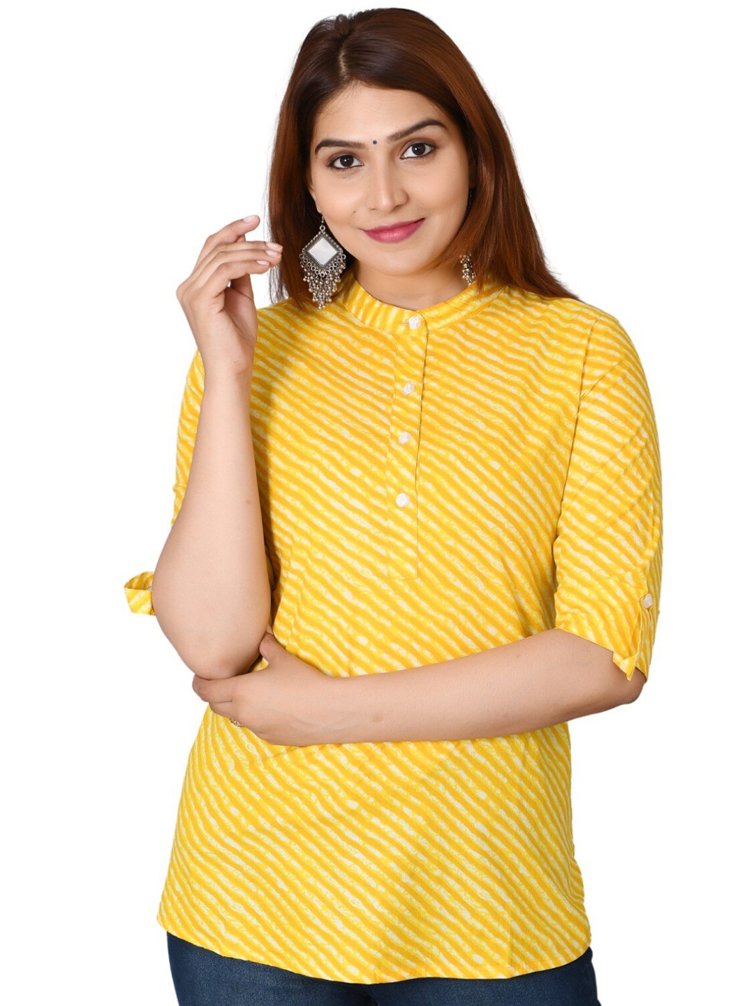 

BAESD Lehriya Printed Band Collar Roll Up Sleeves Pure Cotton Kurti, Yellow