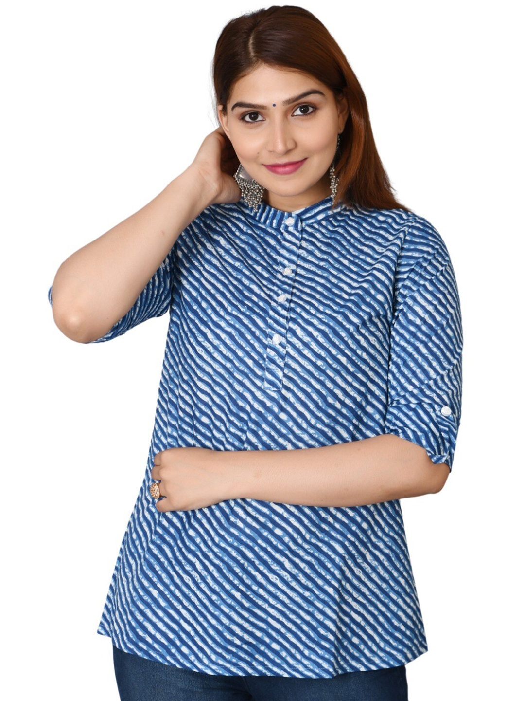 

BAESD Lehriya Printed Band Collar Roll Up Sleeves Pure Cotton Kurti, Blue