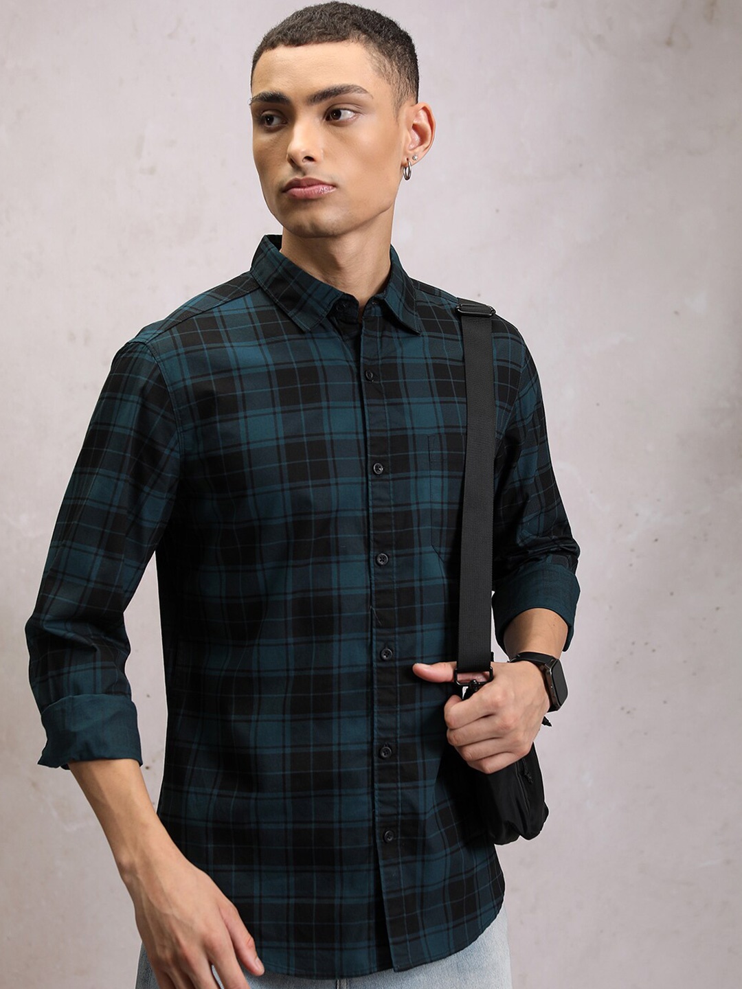 

HIGHLANDER Slim Fit Tartan Checked Cotton Casual Shirt, Teal