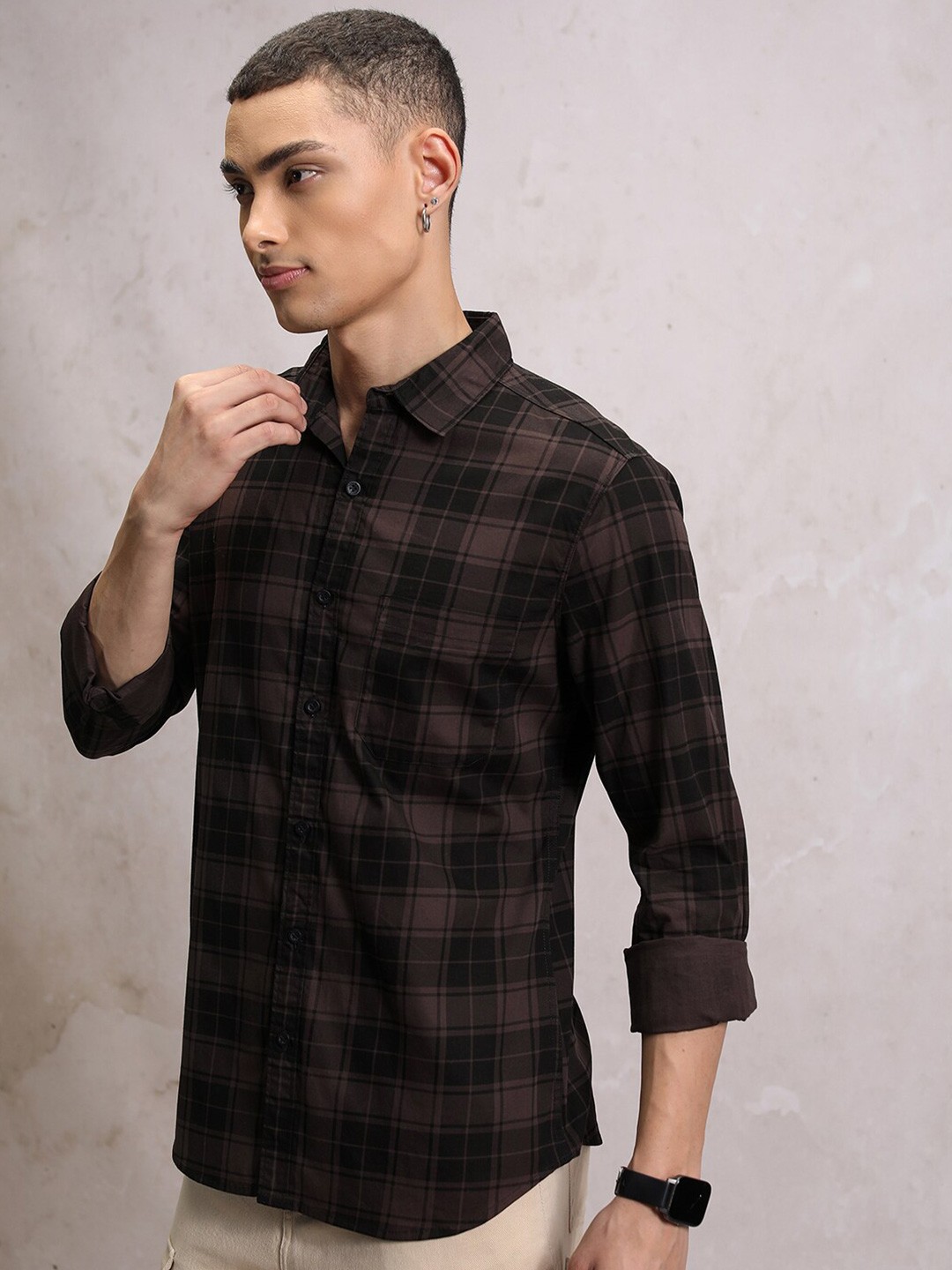 

HIGHLANDER Slim Fit Tartan Checked Cotton Casual Shirt, Brown