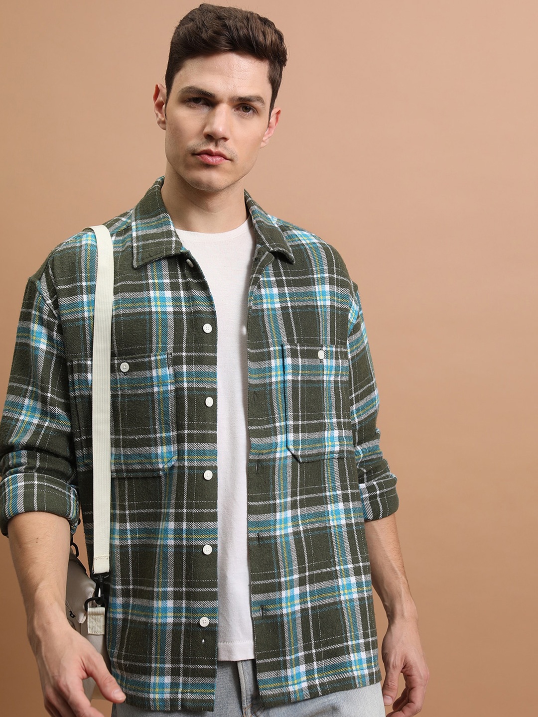 

HIGHLANDER Oversized Tartan Checked Double Pocket Overshirt, Olive