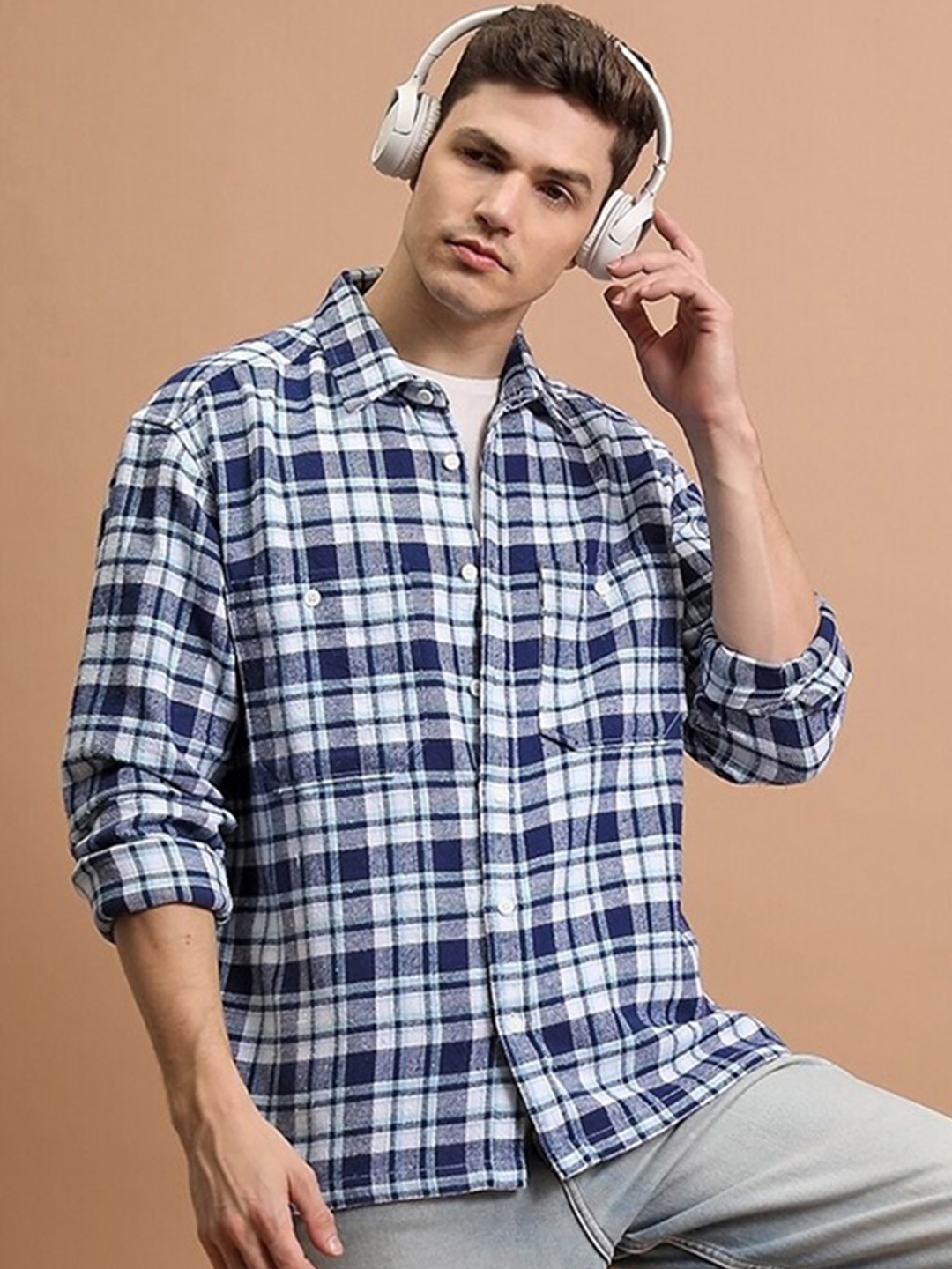 

HIGHLANDER Tartan Checked Oversized Double Pocket Shacket, Blue