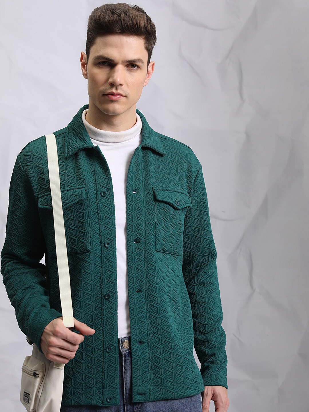 

HIGHLANDER Oversized Geometric Self Design shacket, Green