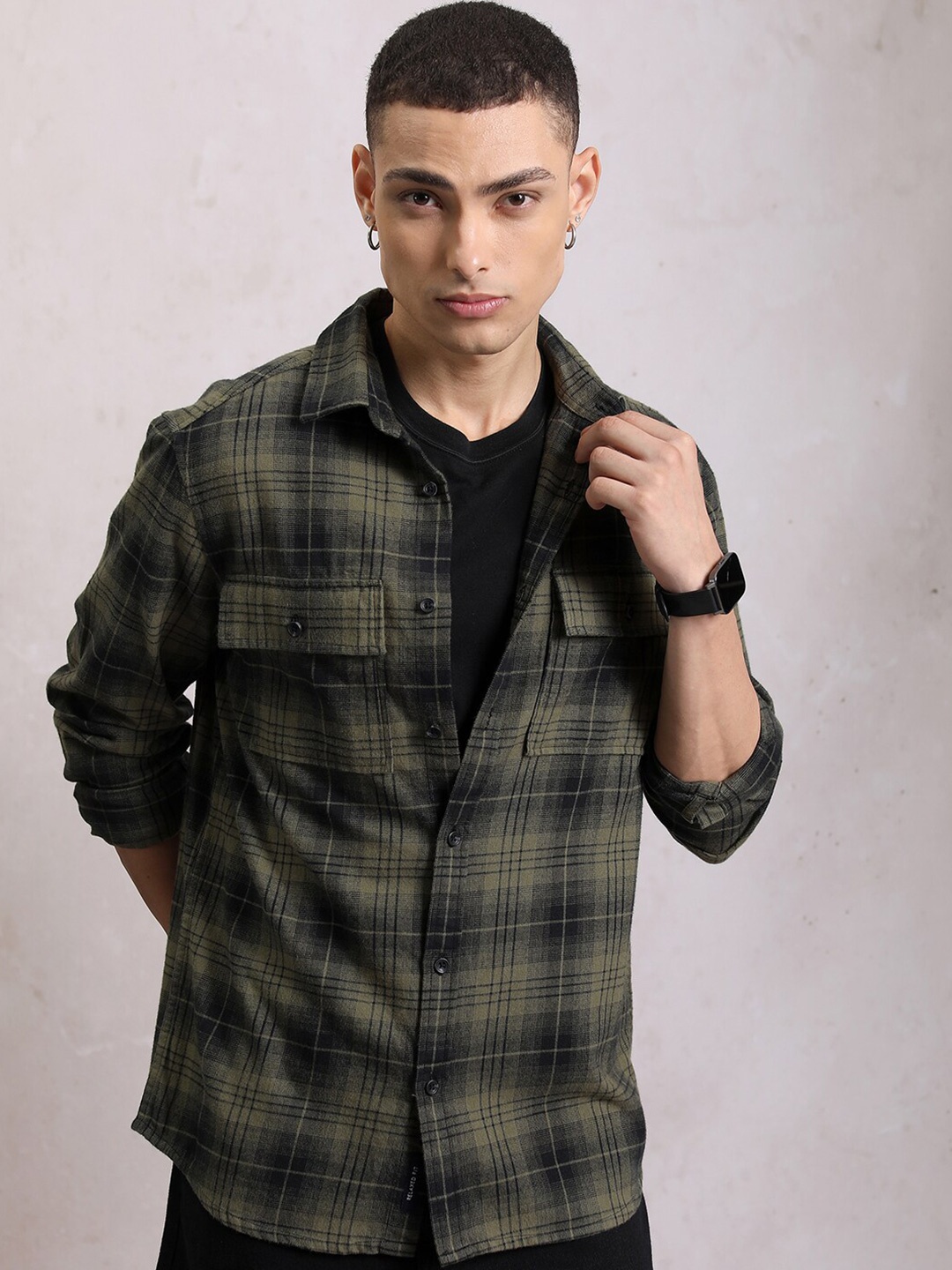 

HIGHLANDER Relaxed Fit Tartan Checked Flannel Weave Cotton Shacket, Olive