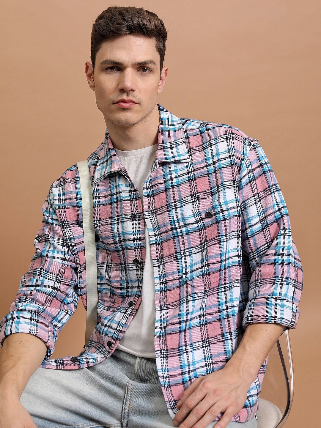 

HIGHLANDER Oversized Utility Pocket Flannel Checked Over shirt, White