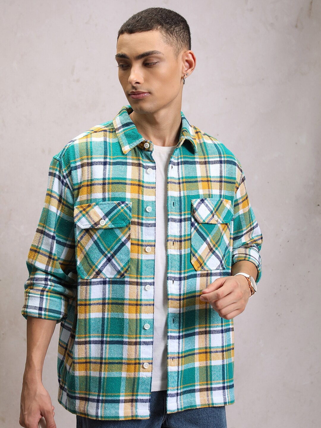 

HIHighlander Oversized Double Pocket Flannel Checked Over shirt, White