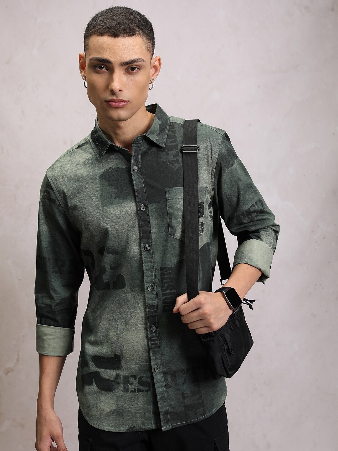 

HIGHLANDER Slim Fit Abstract Printed Cotton Casual Shirt, Olive