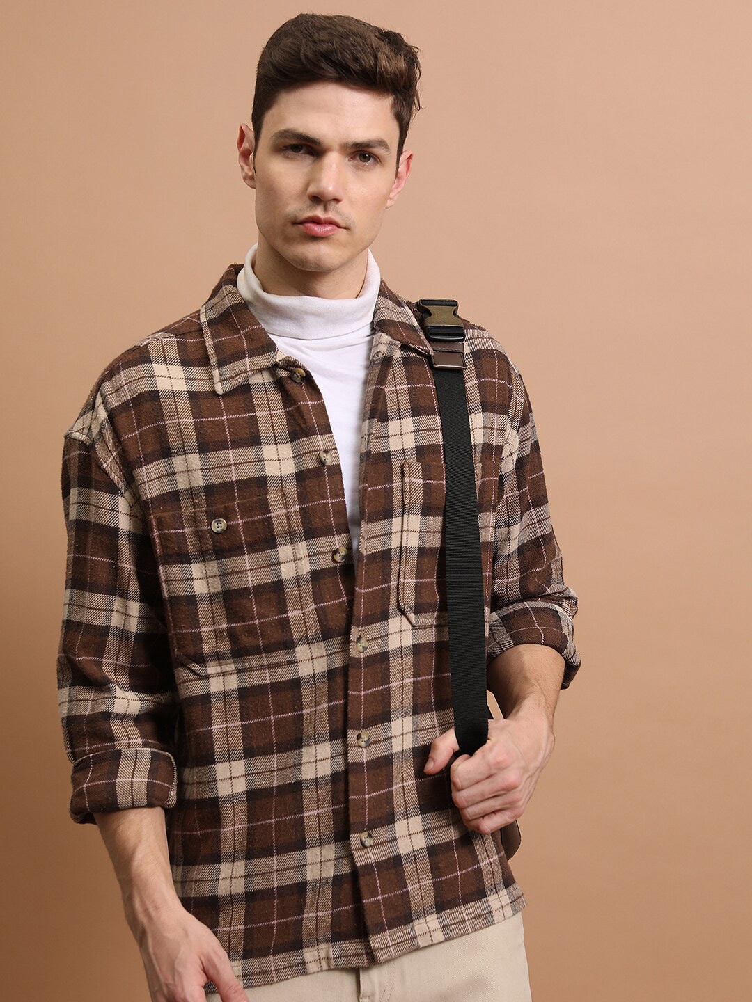 

Highlander Oversized Utility Pocket Flannel Checked Over shirt, Brown