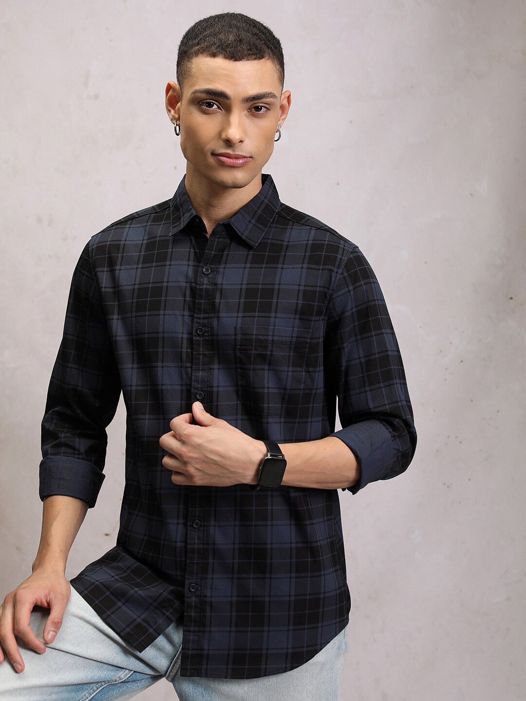 

HIGHLANDER Slim Fit Tartan Checked Cotton Casual Shirt, Navy blue
