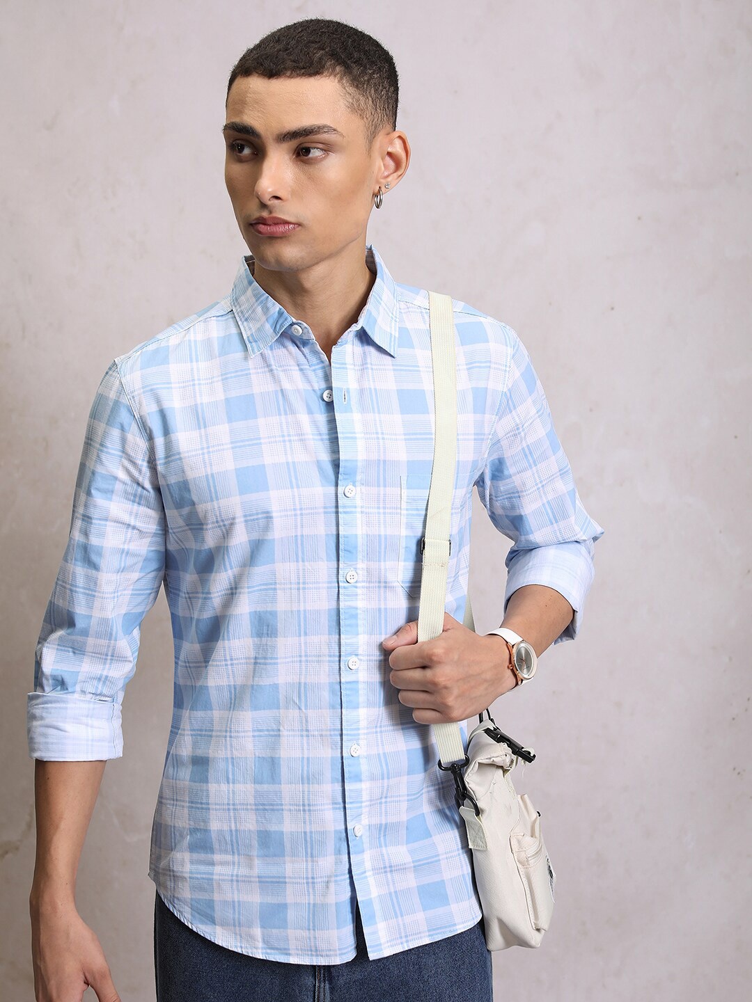 

HIGHLANDER Slim Fit Checked Cotton Casual Shirt, Blue