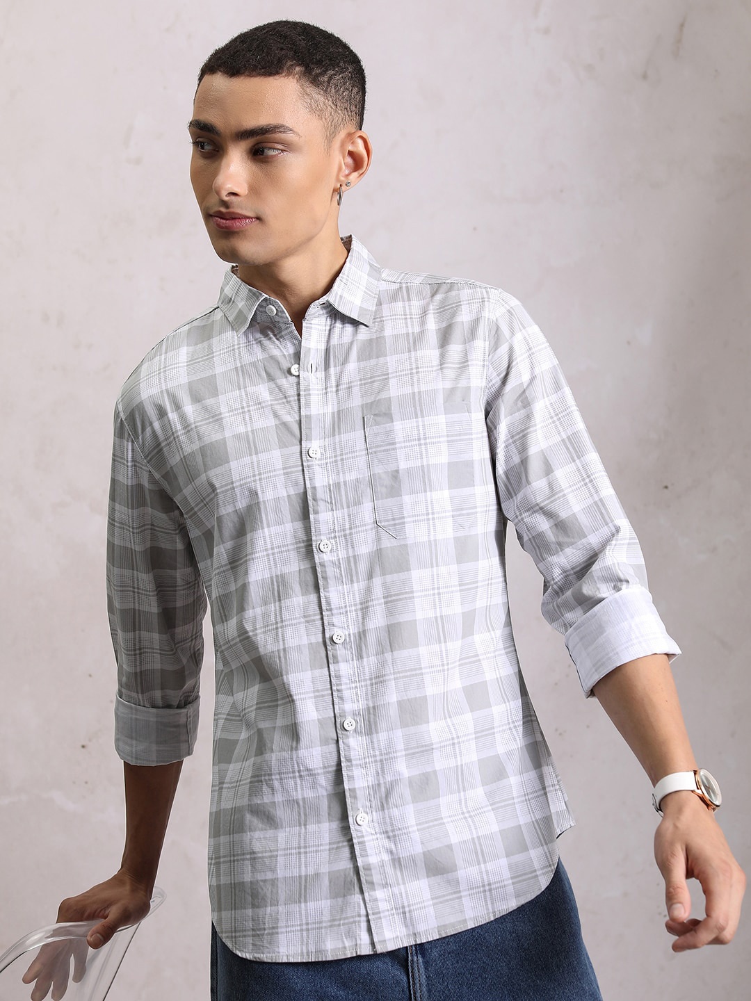 

HIGHLANDER Slim Fit Tartan Checked Cotton Casual Shirt, Grey