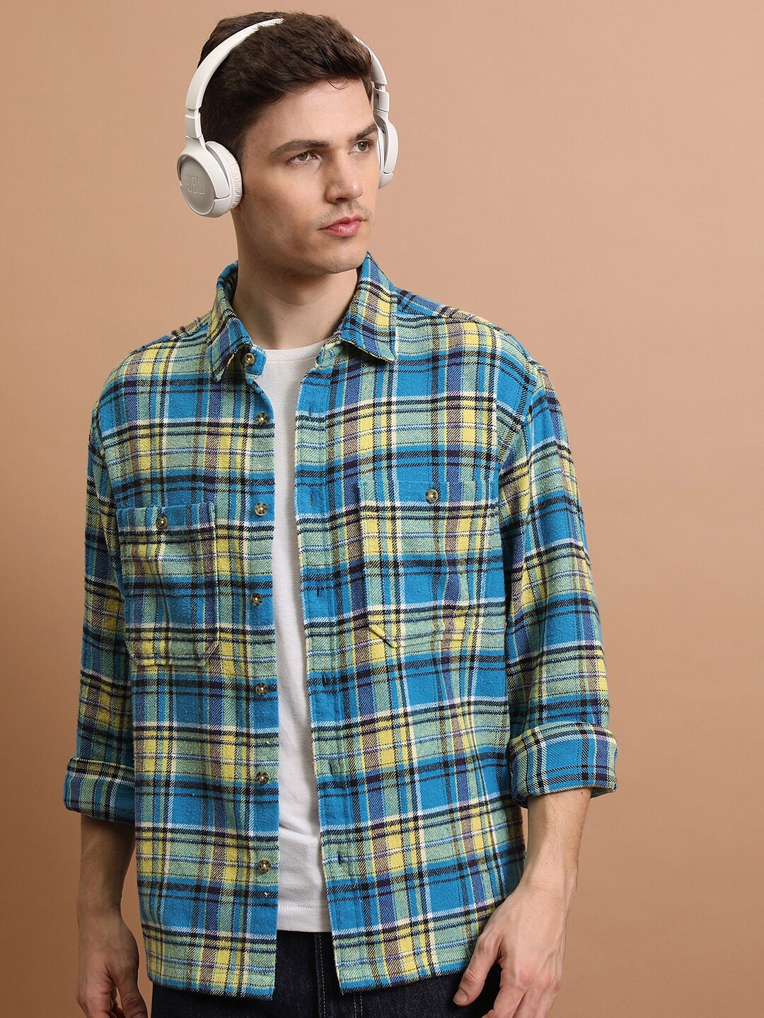 

HIGHLANDER Men Oversized Tartan Checks Opaque Flannel Shirt, Blue