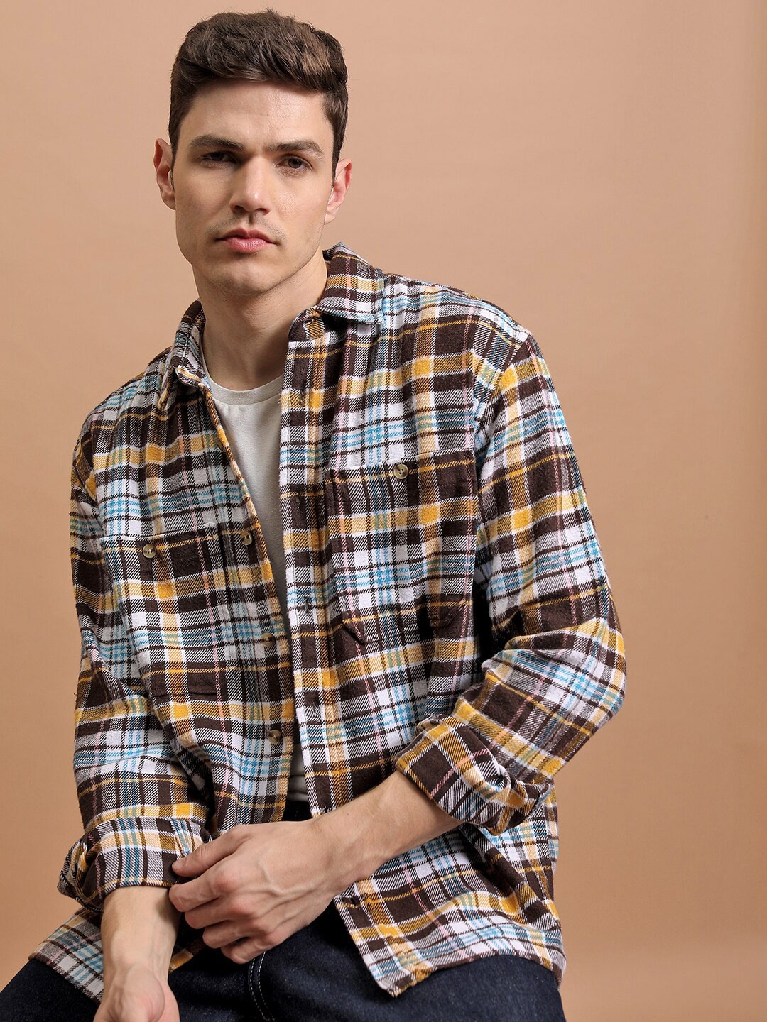 

HIGHLANDER Oversized Double Pocket Flannel Checked Over shirt, White