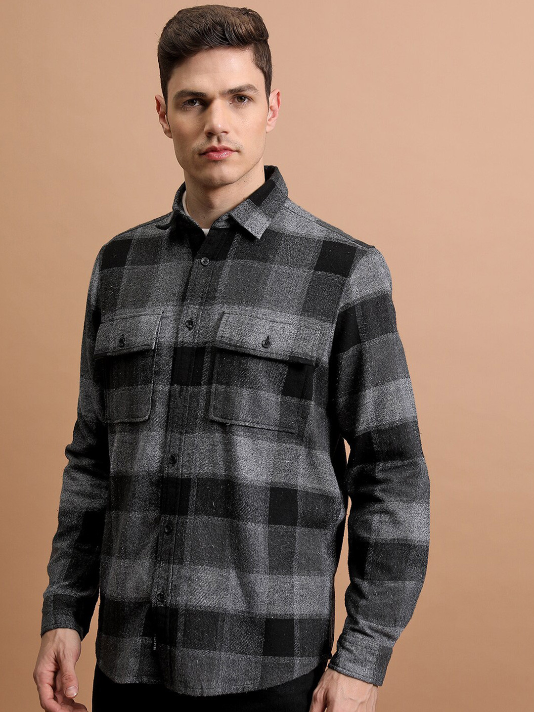 

HIGHLANDER Relaxed Fit Buffalo Checked Flannel Weave Cotton Shacket, Black