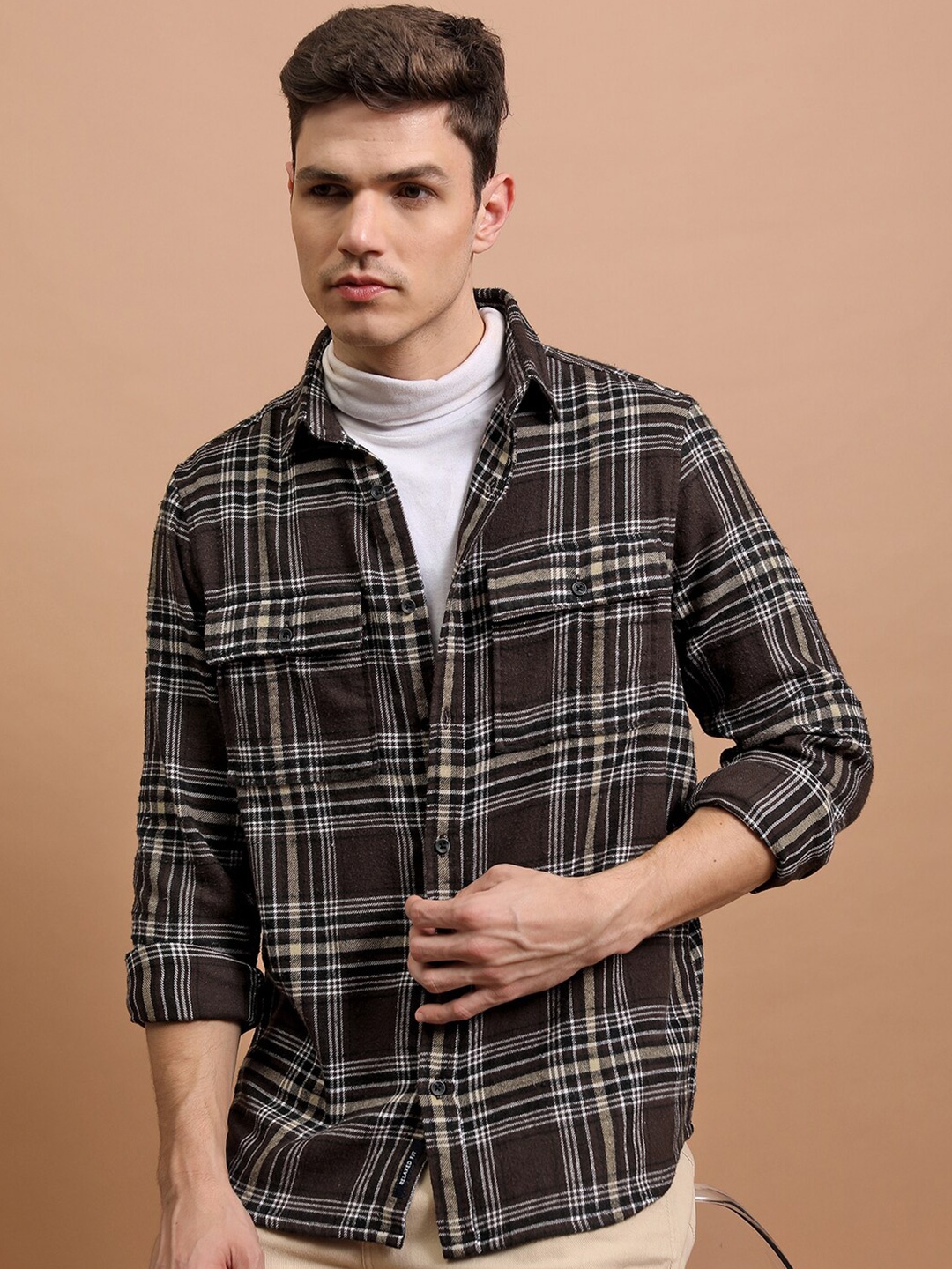 

HIGHLANDER Relaxed Fit Tartan Checked Flannel Weave Cotton Shacket, Brown