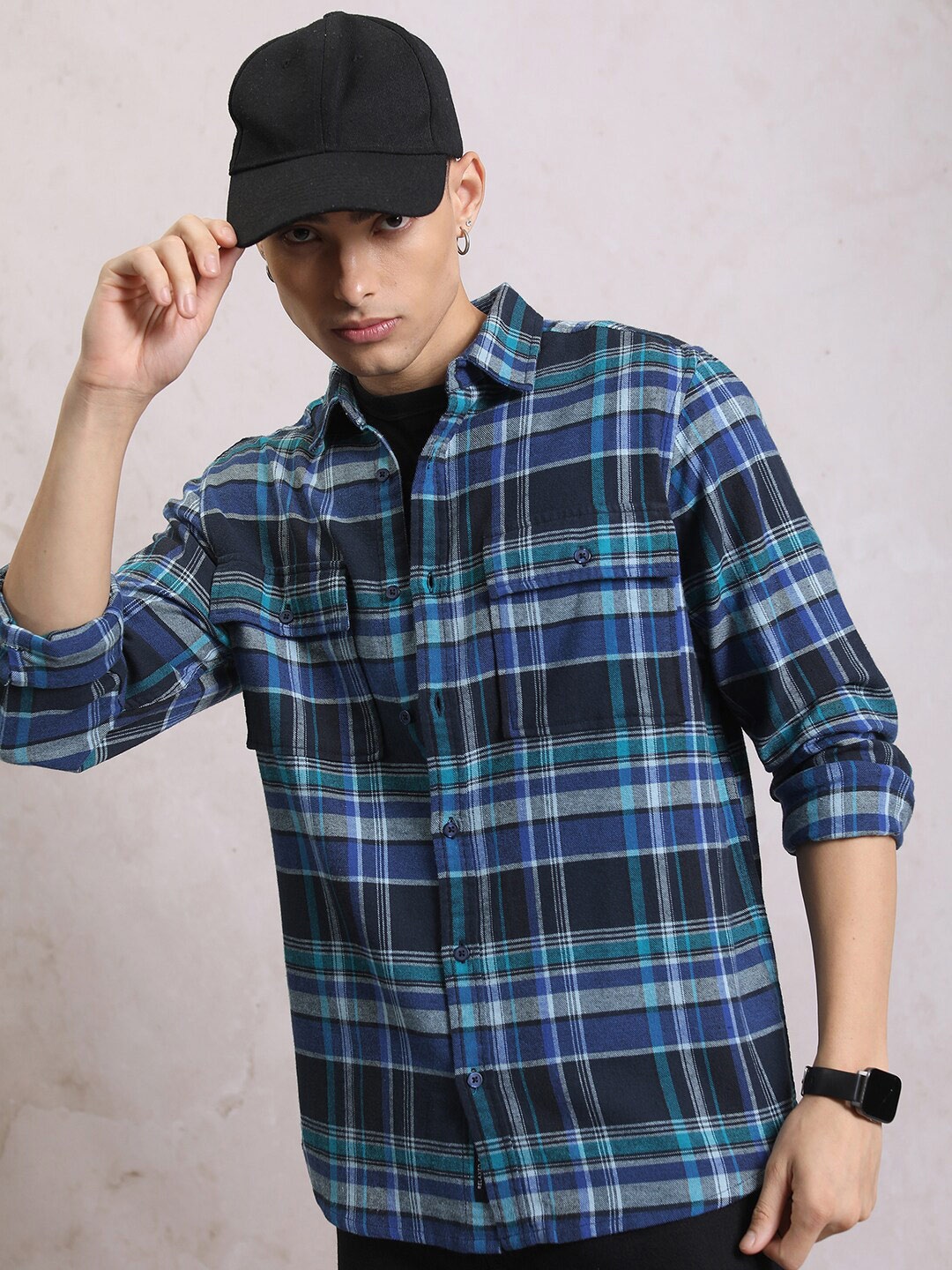 

HIGHLANDER Relaxed Fit Tartan Checked Flannel Weave Cotton Shacket, Blue