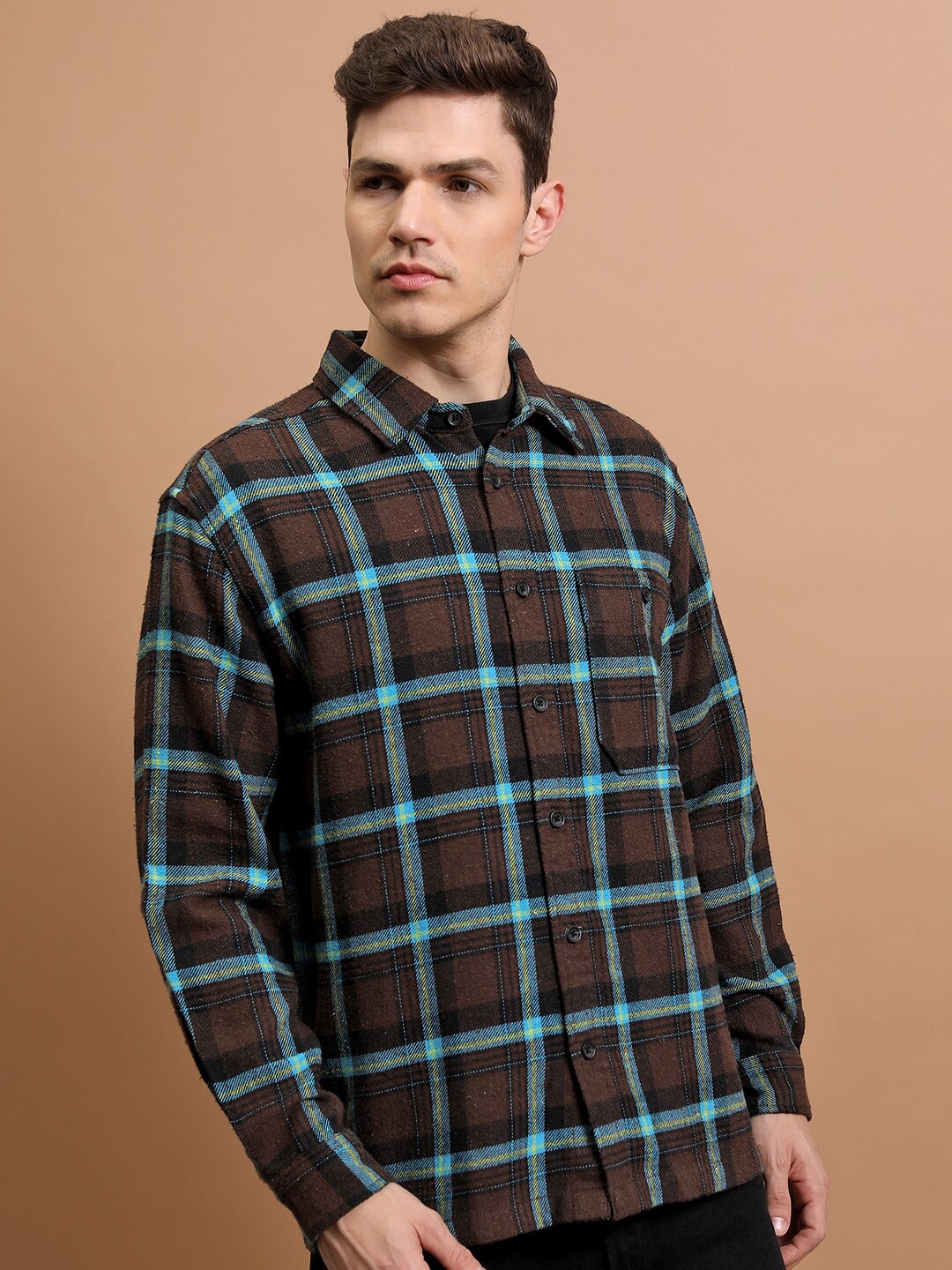 

HIGHLANDER Oversized Tartan Checked Utility Pocket Overshirt, Brown