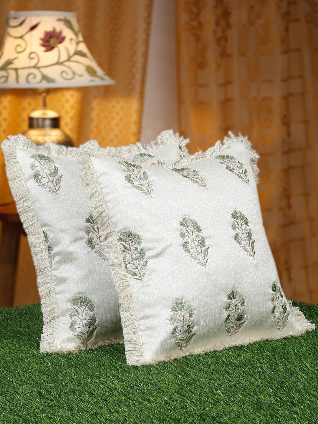 

HOSTA HOMES Off White & Green 2 Pieces Embroidered Square Cushion Covers