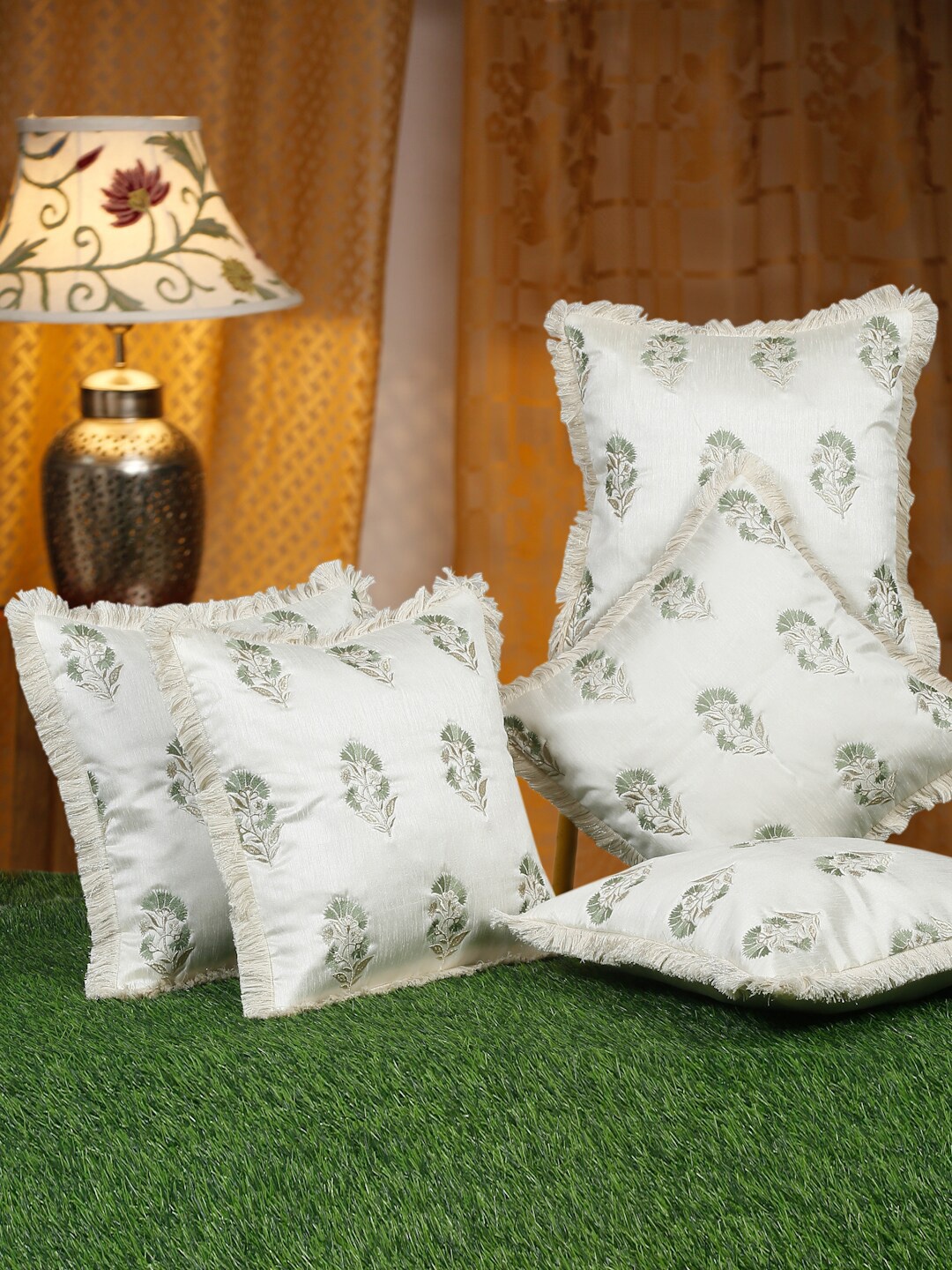 

HOSTA HOMES White & Green 5 Pcs Embroidered Square Cushion Covers