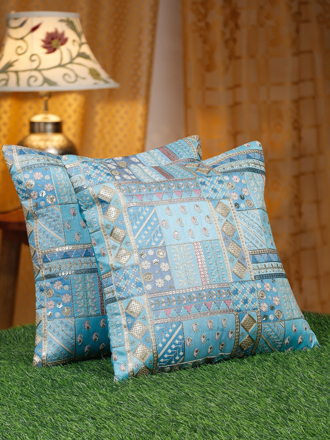 

HOSTA HOMES Blue & Grey 2 Pieces Embellished Square Cushion Covers