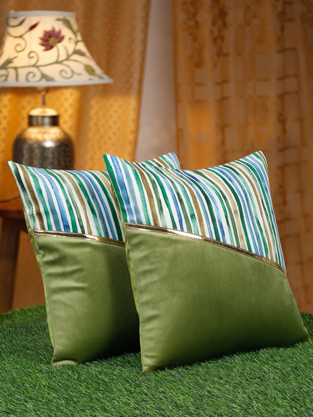 

HOSTA HOMES Green & Blue 2 Pieces Striped Velvet Square Cushion Covers