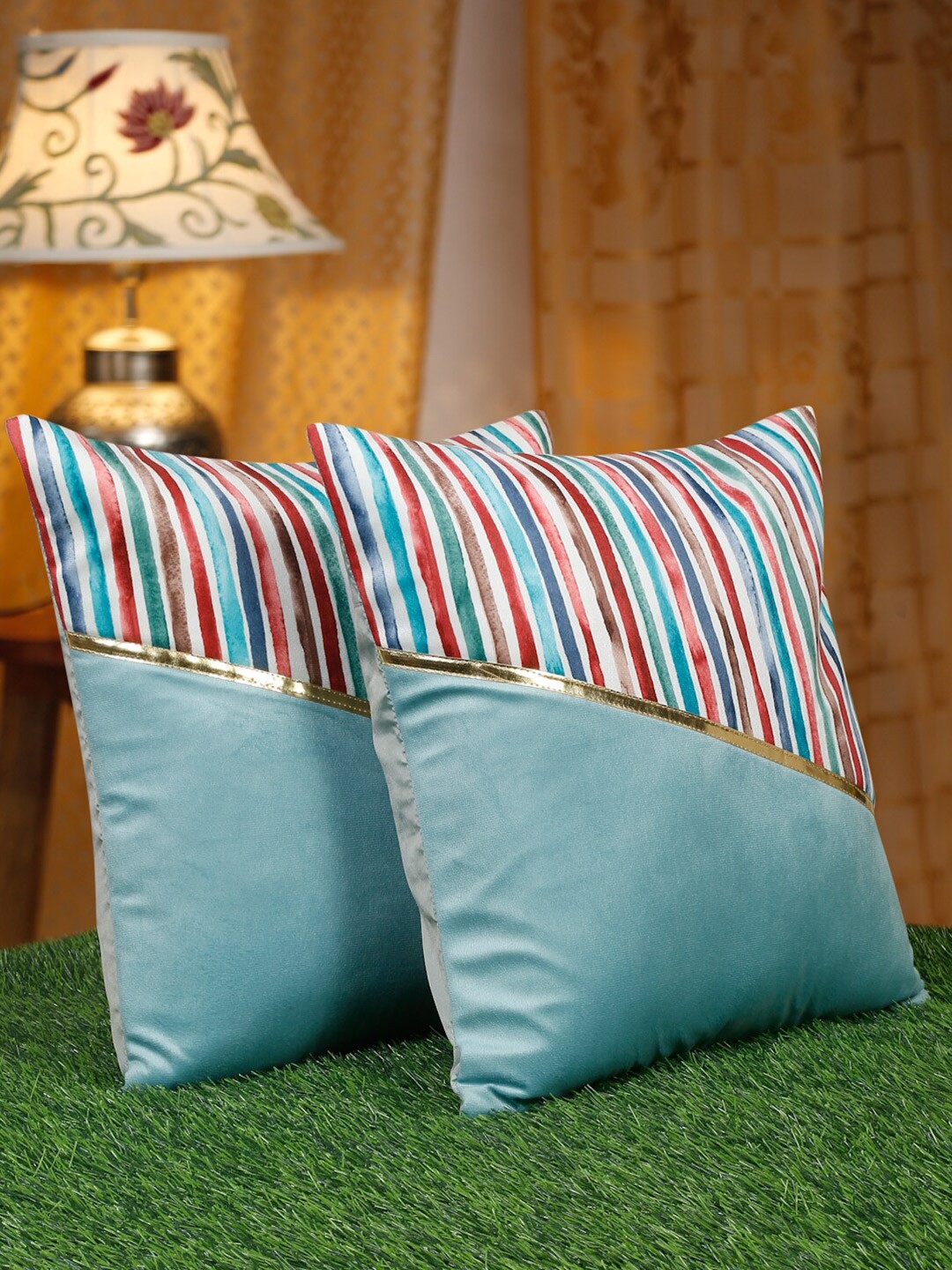 

HOSTA HOMES Blue & White 2 Pcs Striped Velvet Square Cushion Covers