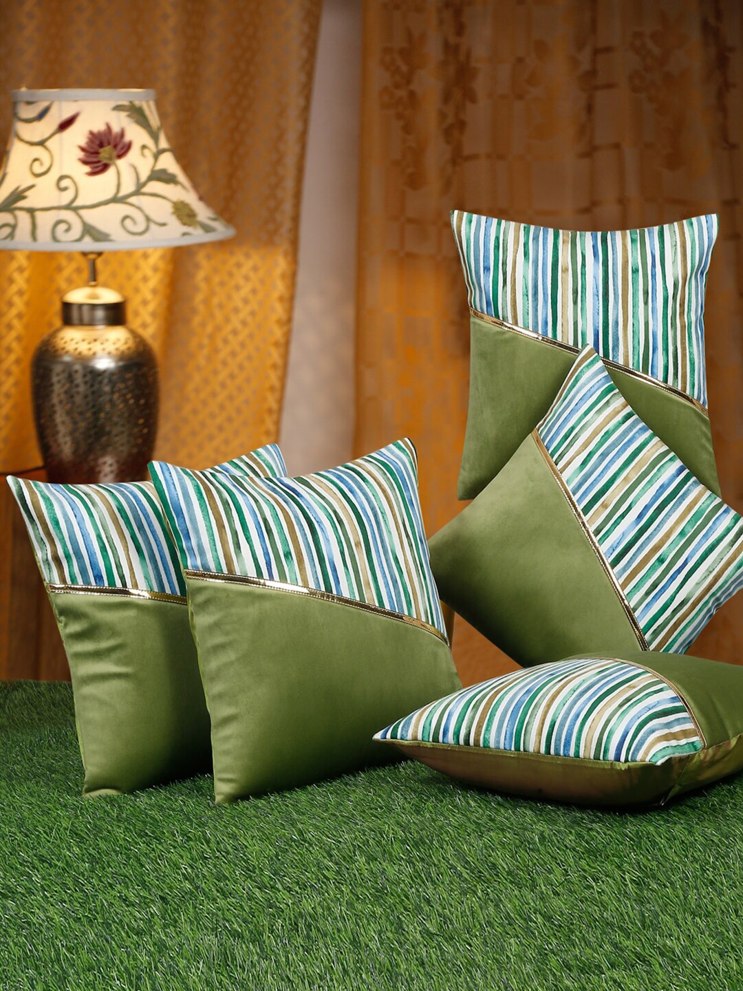 

HOSTA HOMES Green & White 5 Pieces Striped Velvet Square Cushion Covers