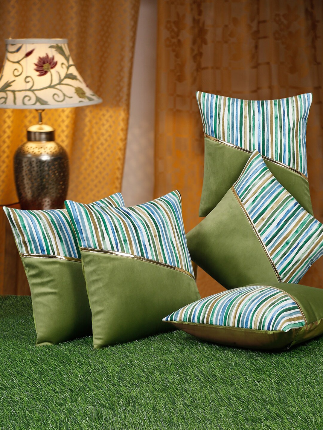 

HOSTA HOMES Green & White 5 Pcs Striped Velvet Square Cushion Covers