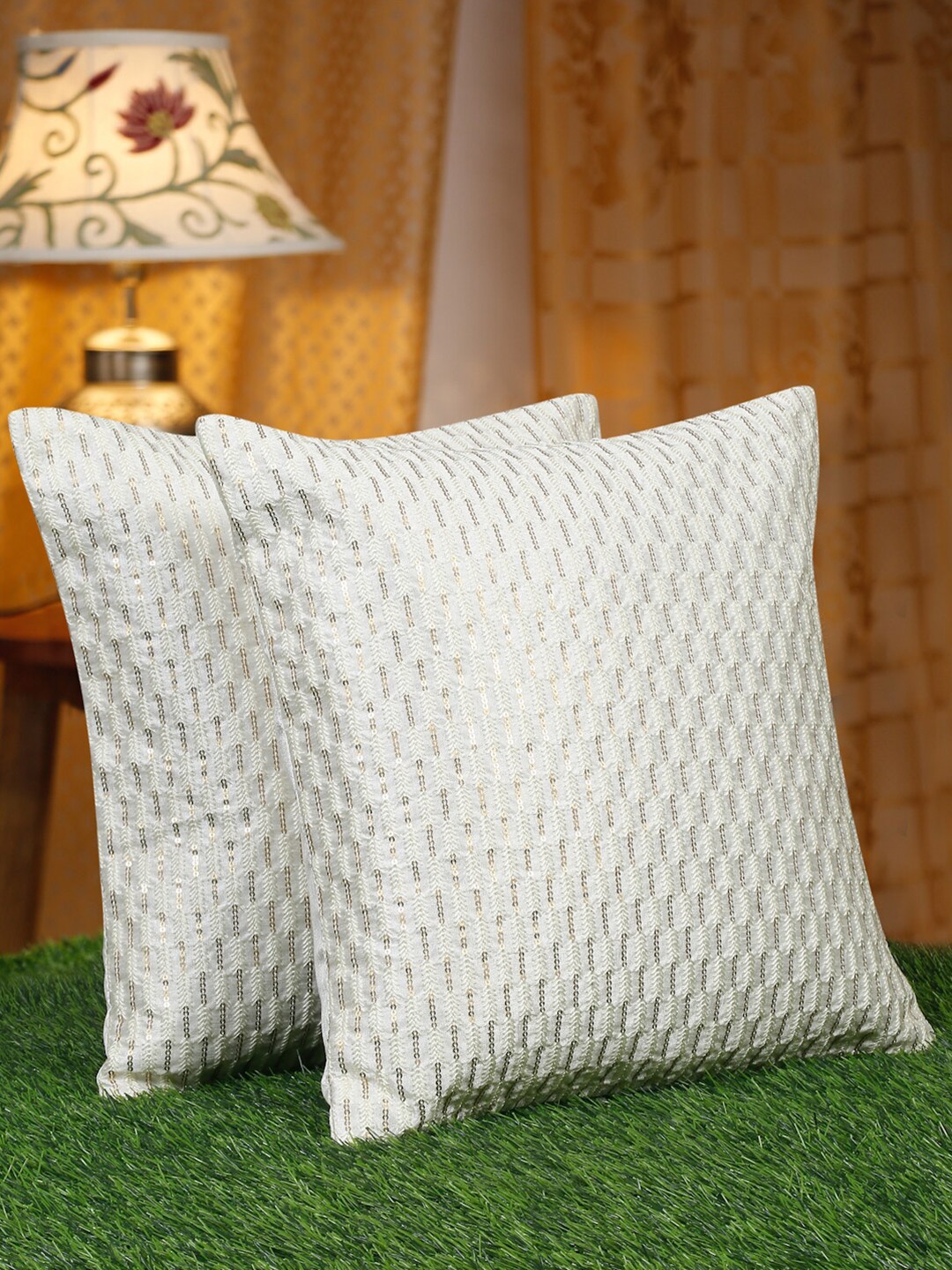 

HOSTA HOMES White 2 Pcs Embellished Square Cushion Covers