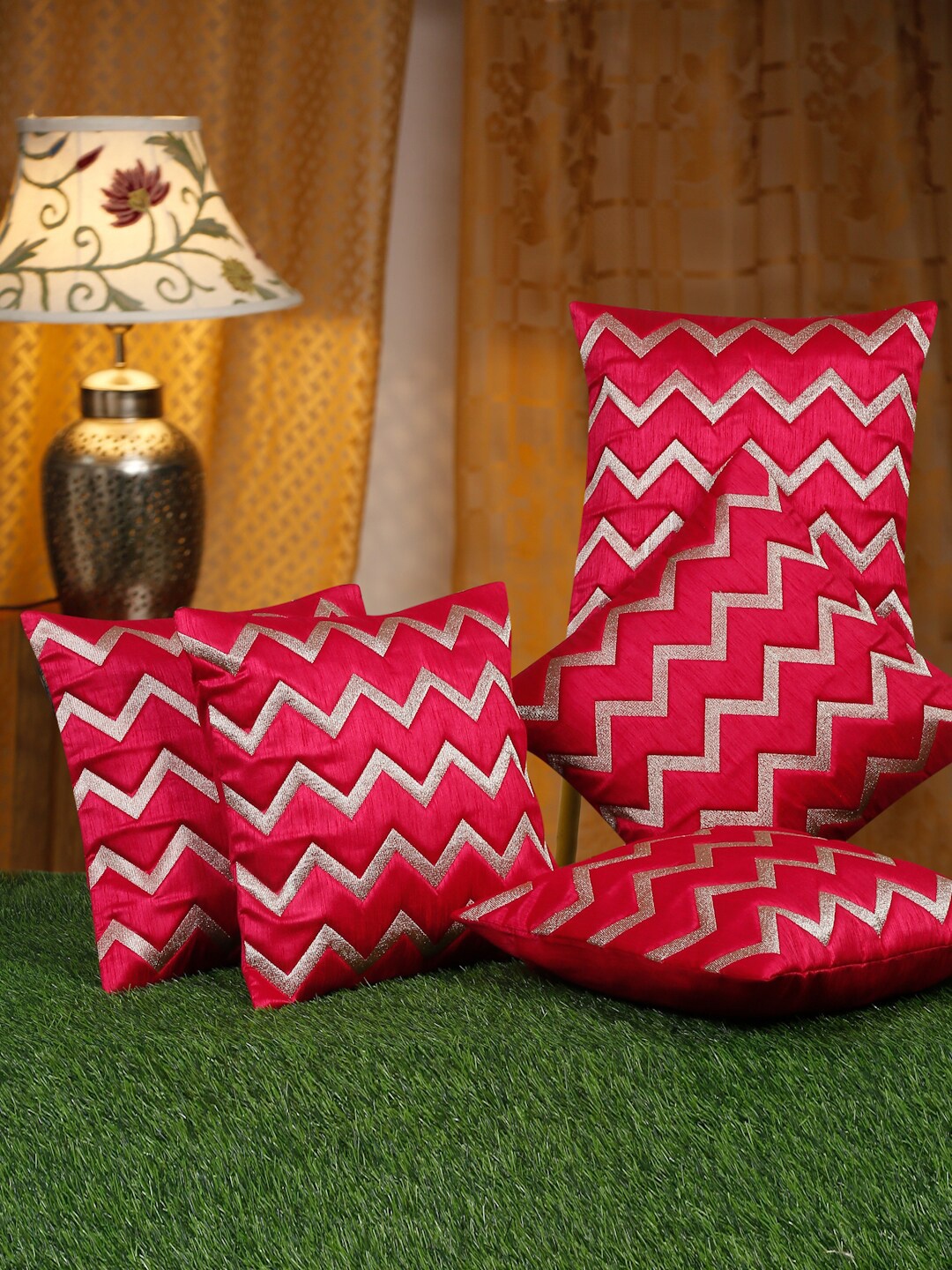 

HOSTA HOMES Pink & Gold-Toned 5Pcs Embellished Square Cushion Covers