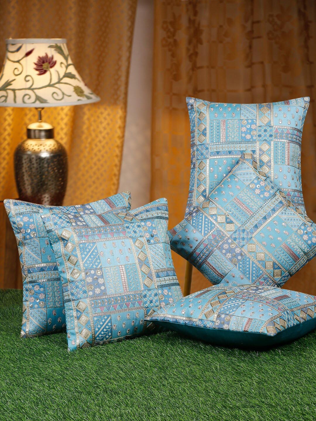 

HOSTA HOMES Blue & Brown 5 Pcs Embellished Square Cushion Covers