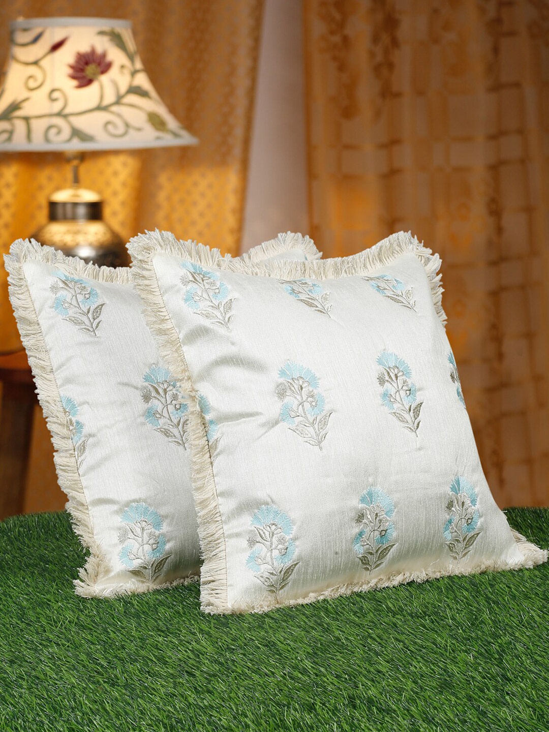

HOSTA HOMES White & Blue 2 Pcs Embroidered Square Cushion Covers