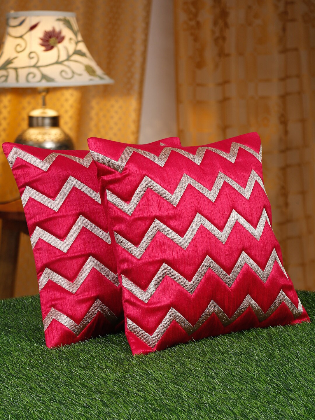 

HOSTA HOMES Pink & Gold-Toned 2Pcs Embellished Square Cushion Covers