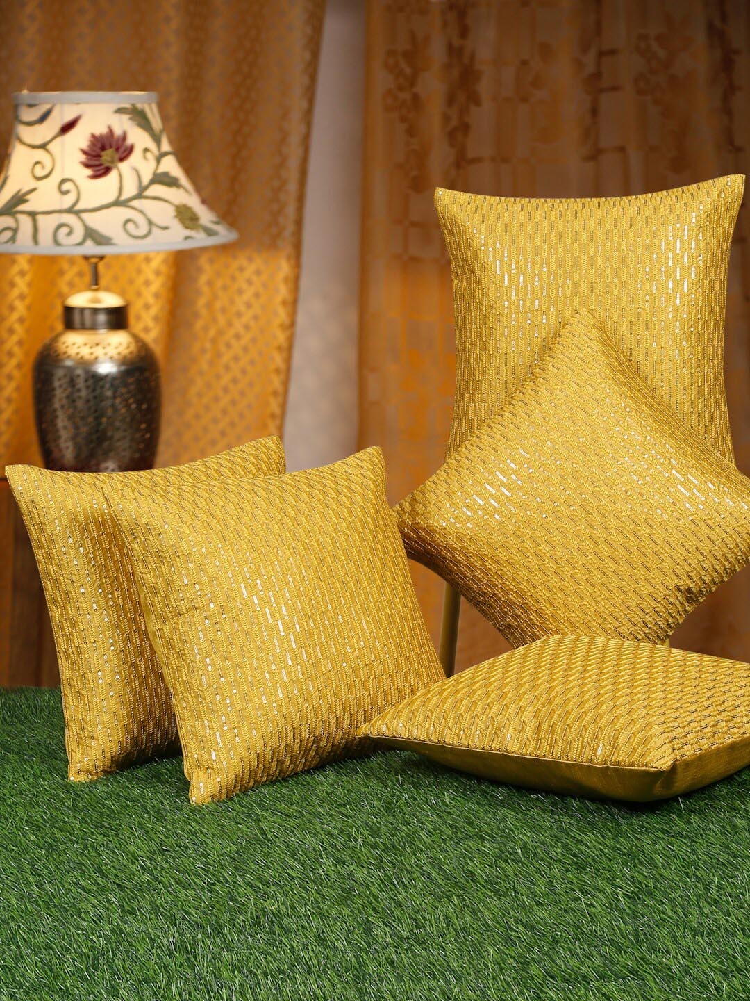 

HOSTA HOMES Yellow 5 Pieces Embellished Square Cushion Covers