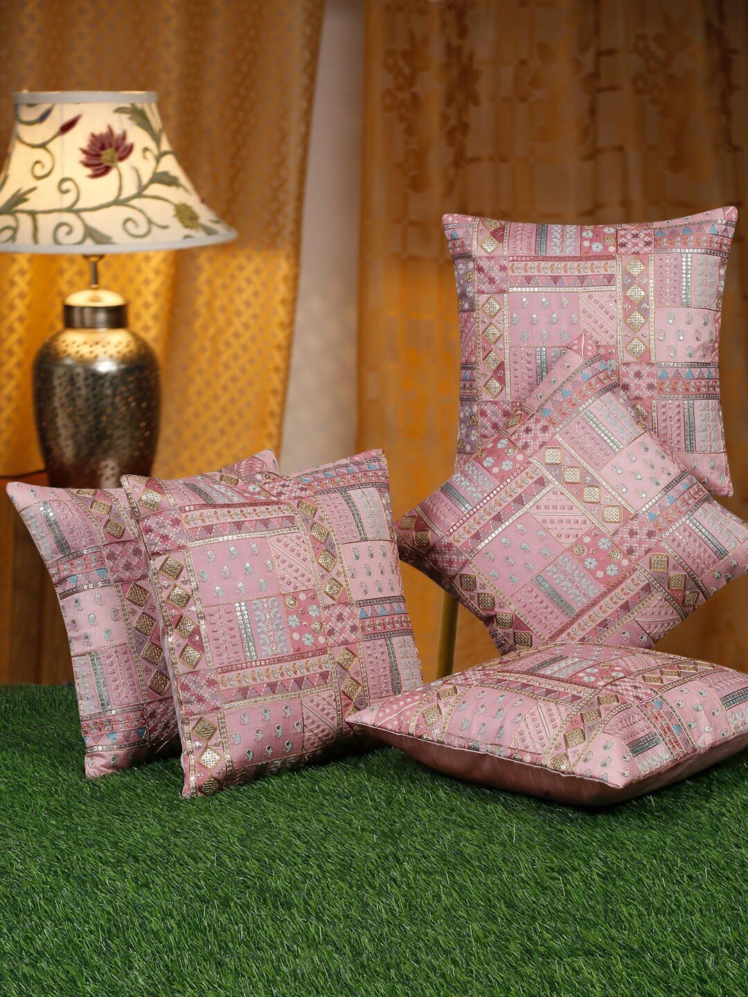 

HOSTA HOMES Pink 5 Pieces Embellished Square Cushion Covers