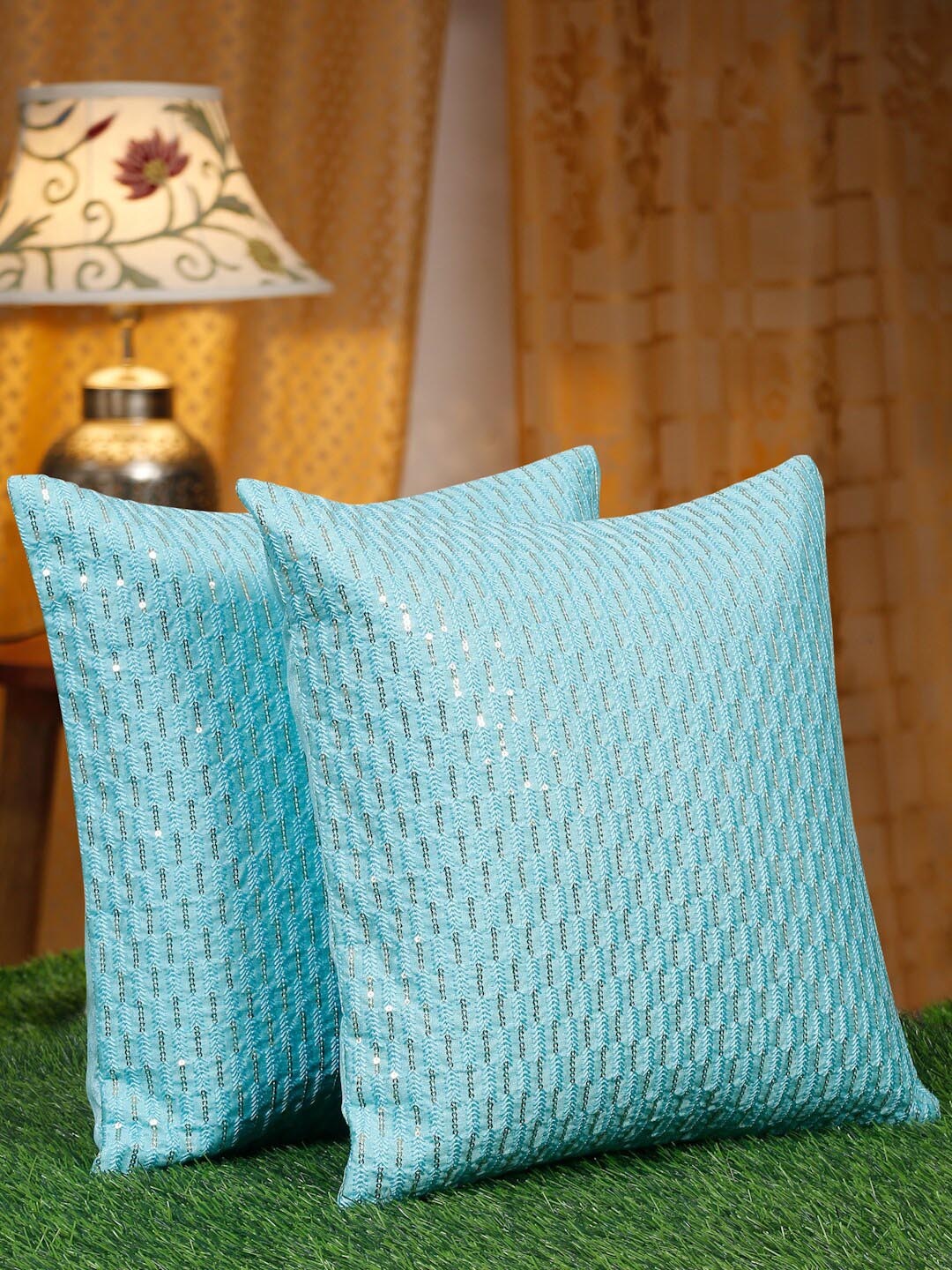 

HOSTA HOMES Blue 2Pcs Embellished Square Cushion Covers