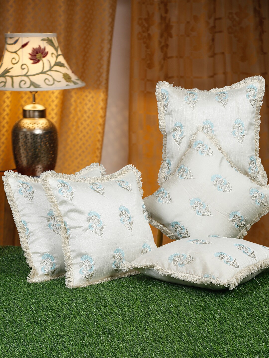 

HOSTA HOMES White & Blue 5Pcs Embroidered Square Cushion Covers