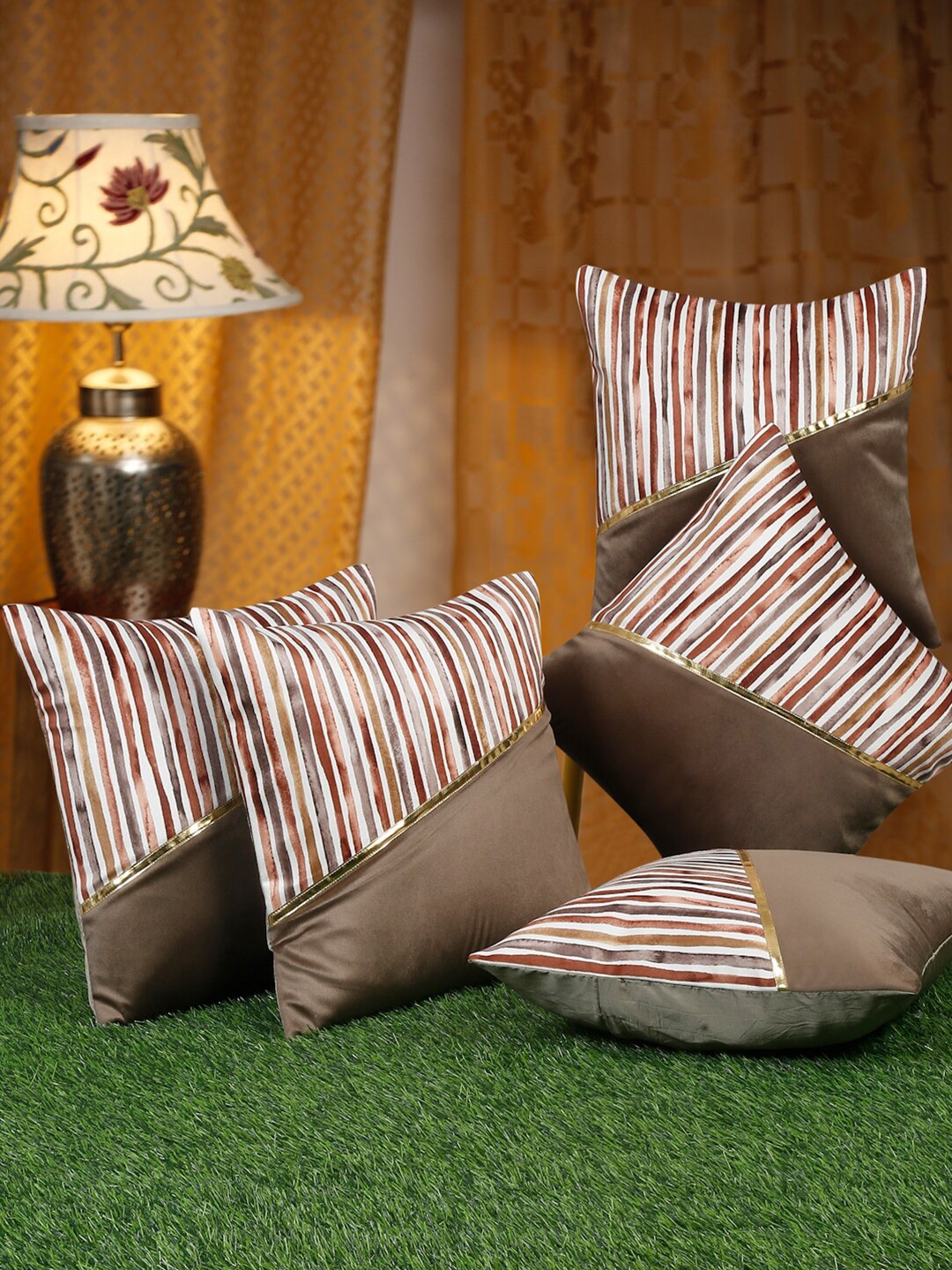 

HOSTA HOMES Brown & White 5 Pieces Striped Velvet Square Cushion Covers