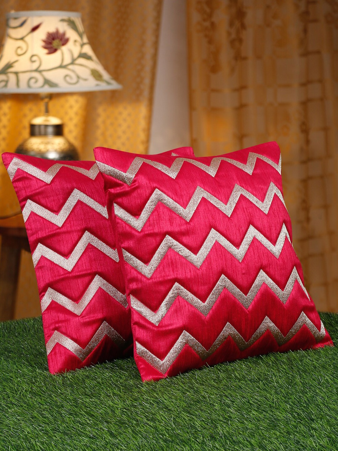 

HOSTA HOMES Pink & Gold Toned 2 Pieces Embellished Square Cushion Covers