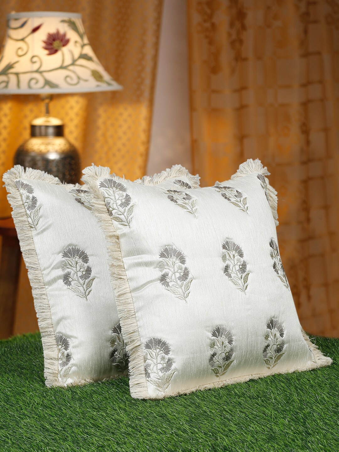 

HOSTA HOMES White & Green 2 Pcs Embroidered Square Cushion Covers