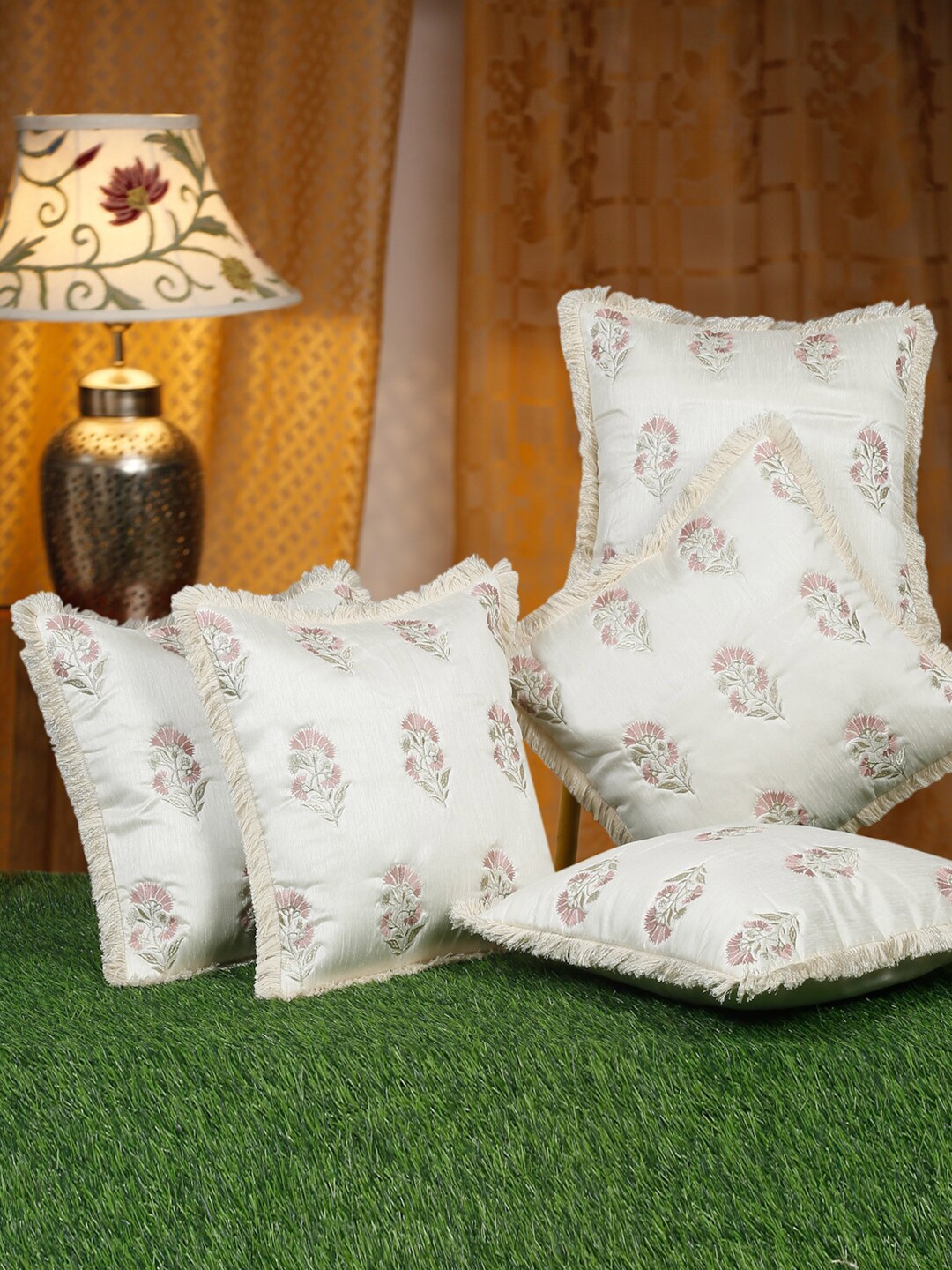 

HOSTA HOMES White & Green 5 Pieces Embellished Square Cushion Covers