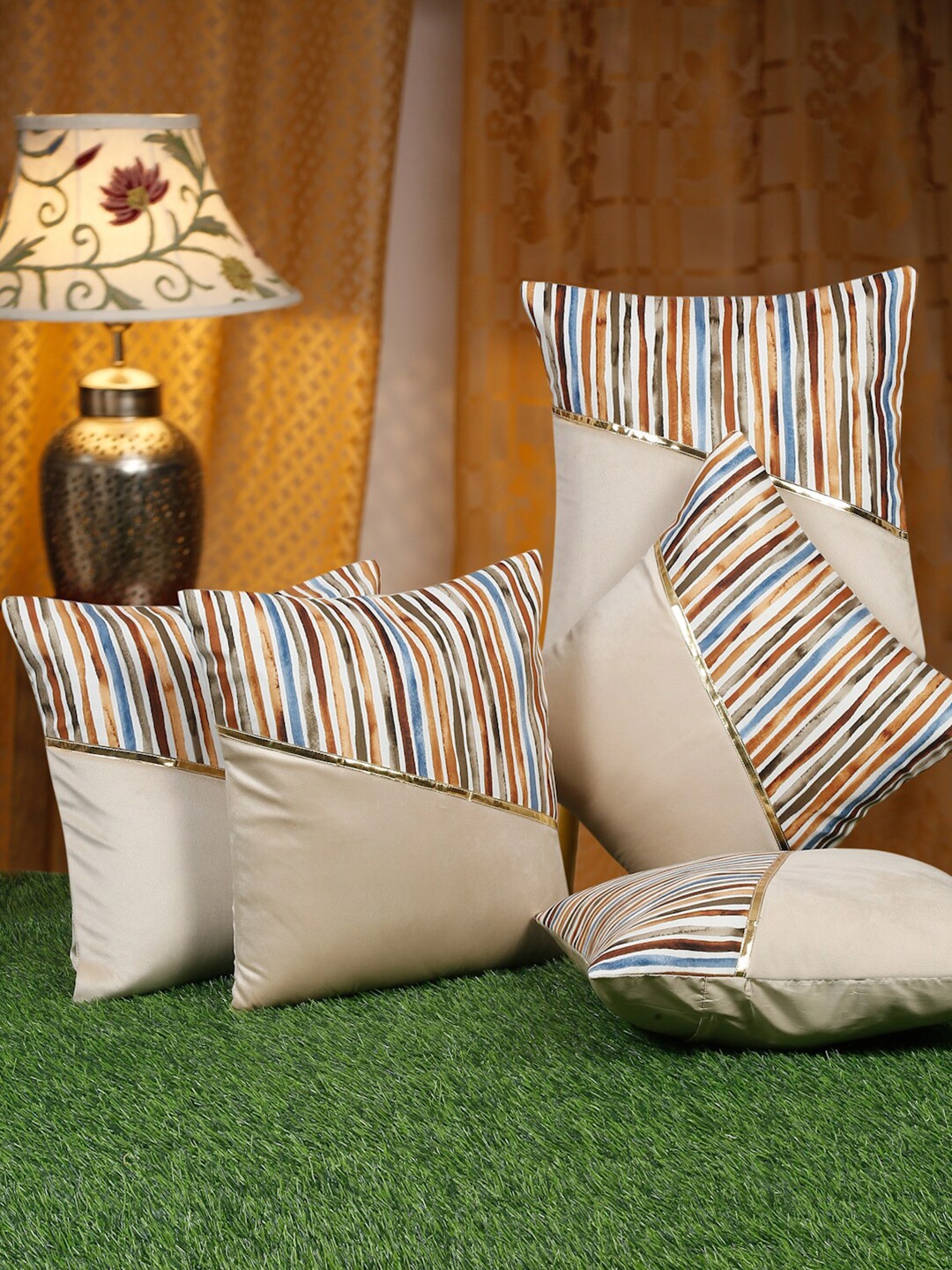 

HOSTA HOMES Beige & Blue 5 Pieces Striped Velvet Square Cushion Covers