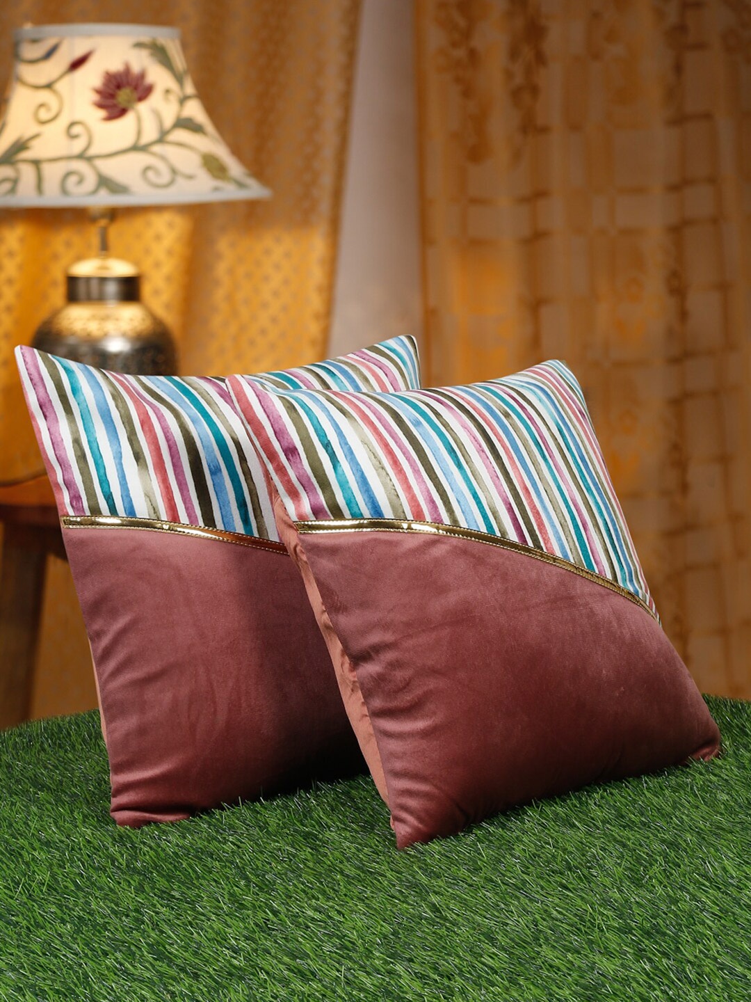 

HOSTA HOMES Peach-Coloured & Blue 2 Pieces Striped Velvet Square Cushion Covers