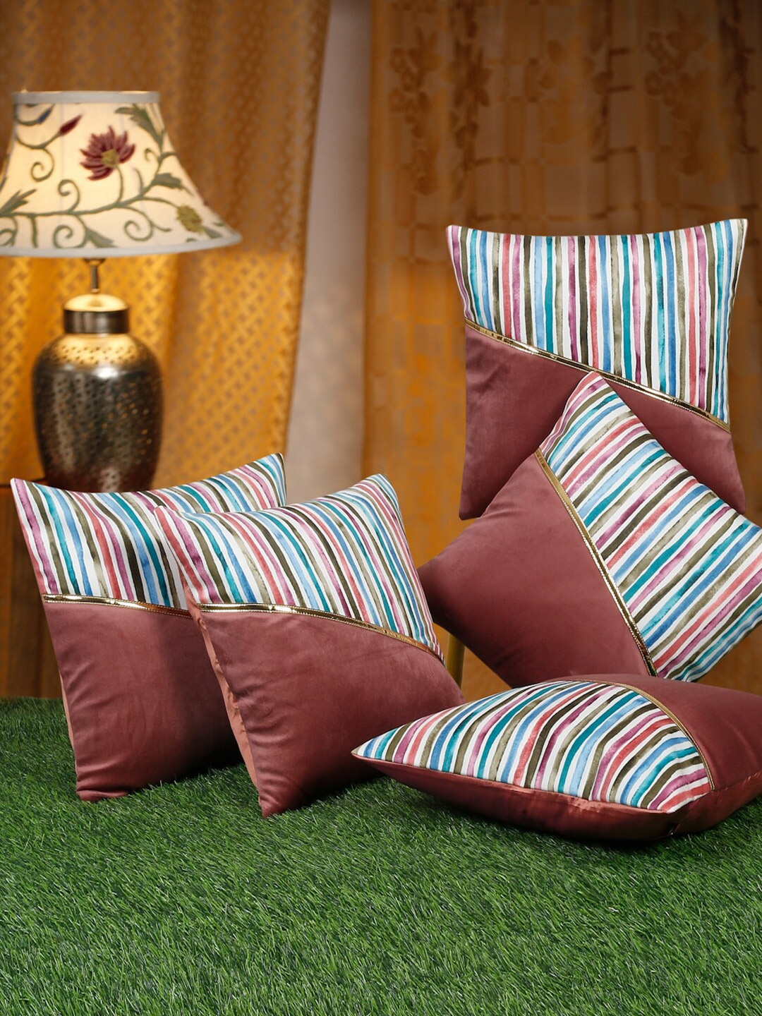 

HOSTA HOMES Peach & Blue 5Pcs Striped Velvet Square Cushion Covers