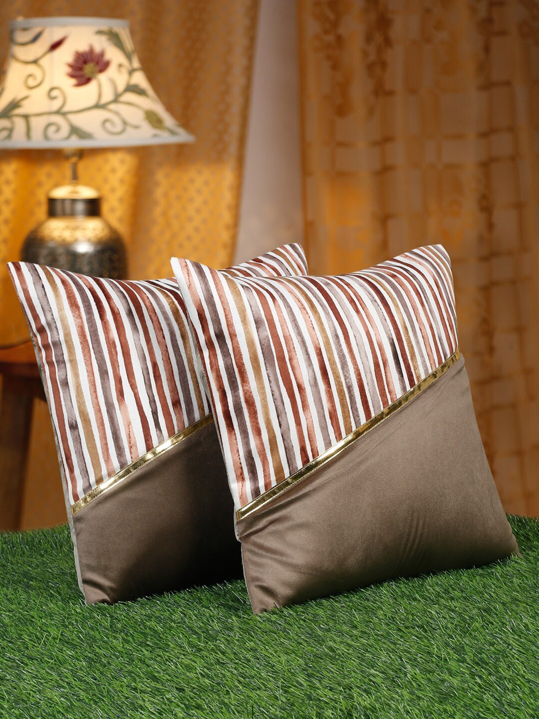 

HOSTA HOMES Brown & Red 2 Pcs Striped Velvet Square Cushion Covers