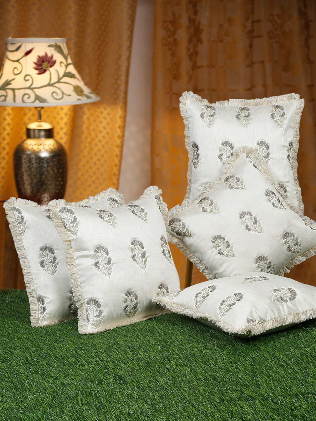 

HOSTA HOMES White & Grey 5 Pcs Embroidered Square Cushion Covers