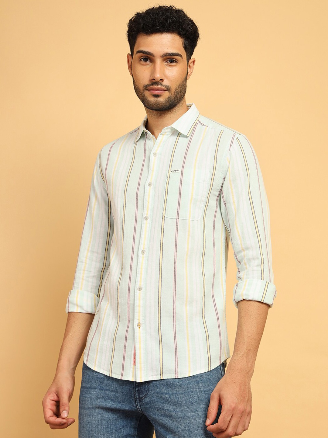 

Wrangler Vertical Striped Cotton Linen Casual Shirt, Blue